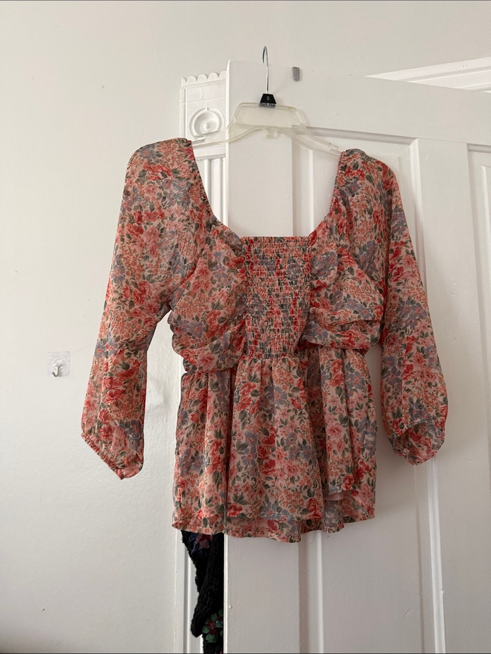 American Eagle Outfitters Floral Sheer Peasant Blouse - Pink, Blue - Picture 3 of 3